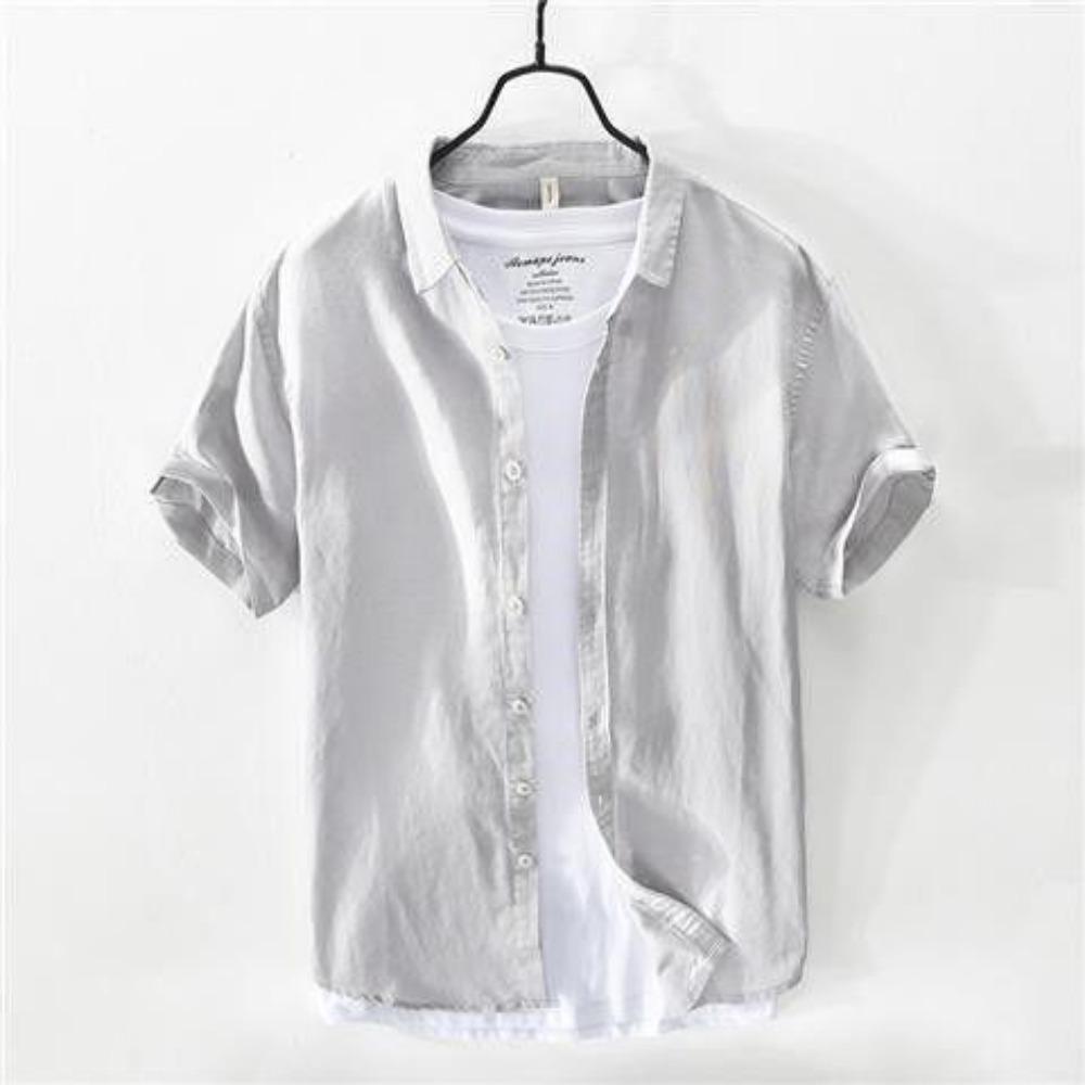 

Summer Thin Ice Silk Linen Shirt Men s Short-sleeved Loose Business Casual Solid Color Half-sleeved Cotton and Linen Shirt XXXL сірий