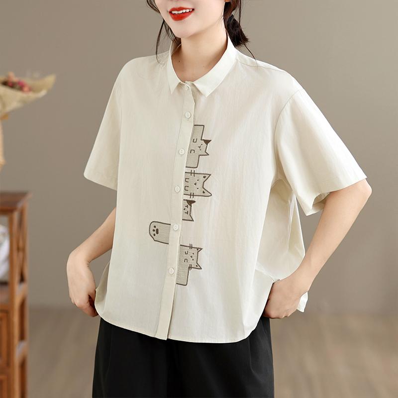 

DIMANAF 2026 Women Plus Size New Summer Blouse Shirt Casual Loose Lady Tops Short Sleeve Embroidery Shirts Cotton 2XL абрикосовий