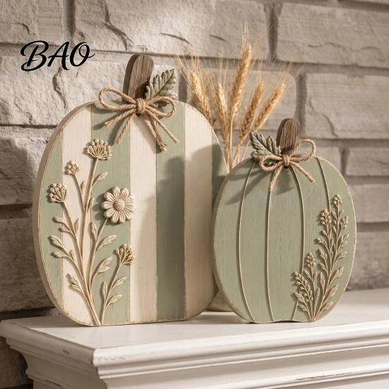 Solid Wood Pumpkin Set 3Pcs Wildflower Figurines, Farmhouse Fall Tabletop Decor, Rustic Pumpkins with Harvest Table Centerpieces Embossed Floral, Jute