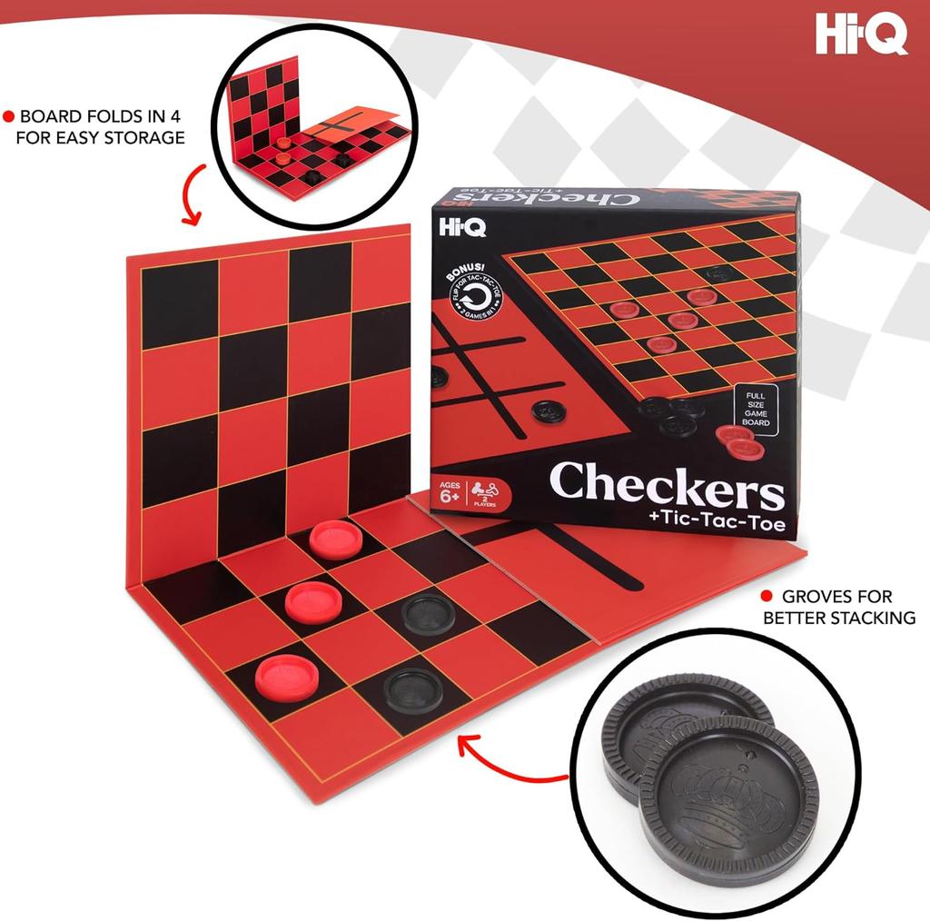 HI-Q Checkers & Tic-Tac-Toe Game for Kids: Interlocking Pieces, Foldable Board