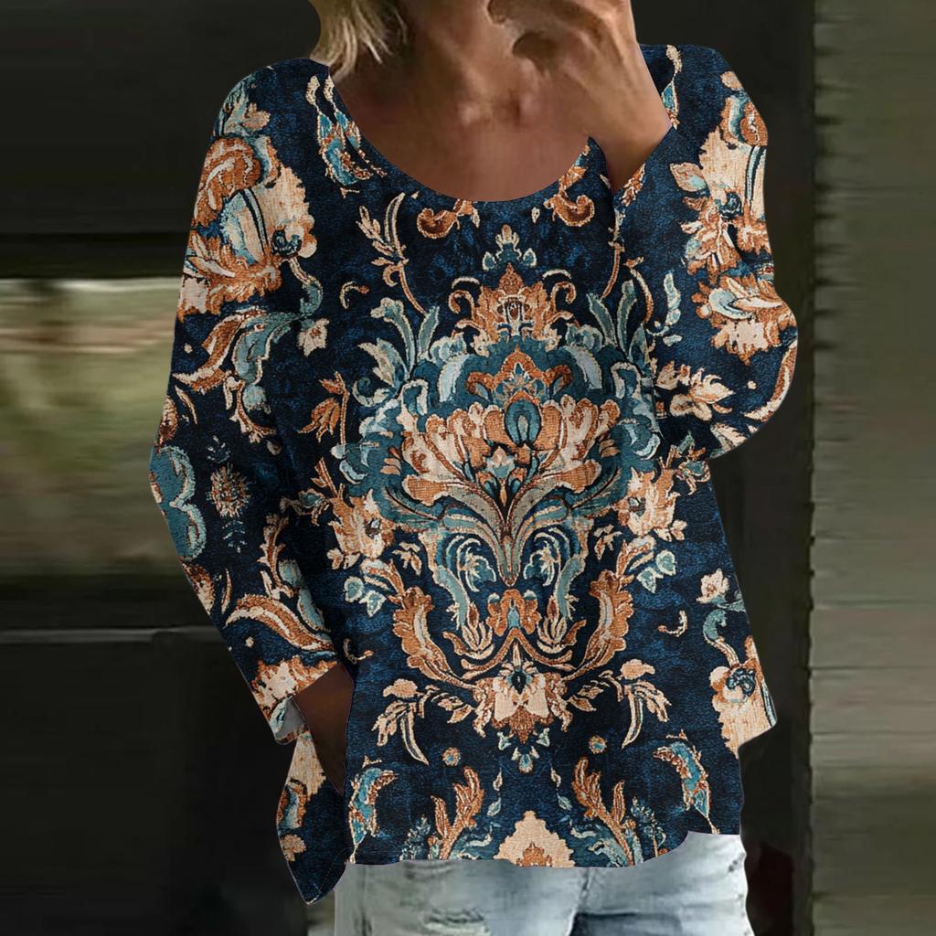Damen Casual Mode Locker Rundhals Blumenmuster Langarm Oberteil