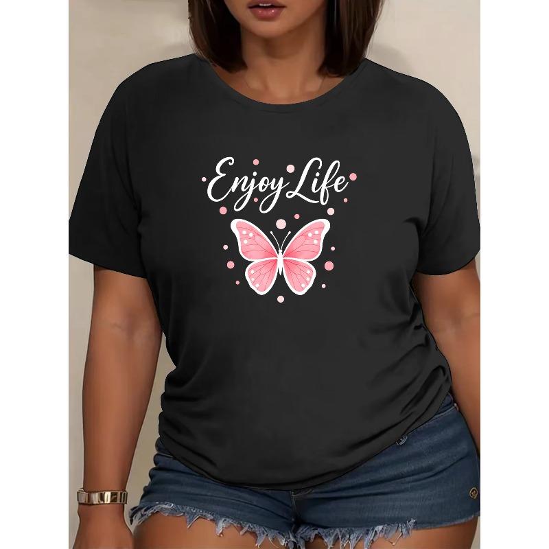 

Women Enjoy Life Butterfly Print T-Shirt Round Neck Short Sleeve Casual Summer Daily Versatile Top 4XL