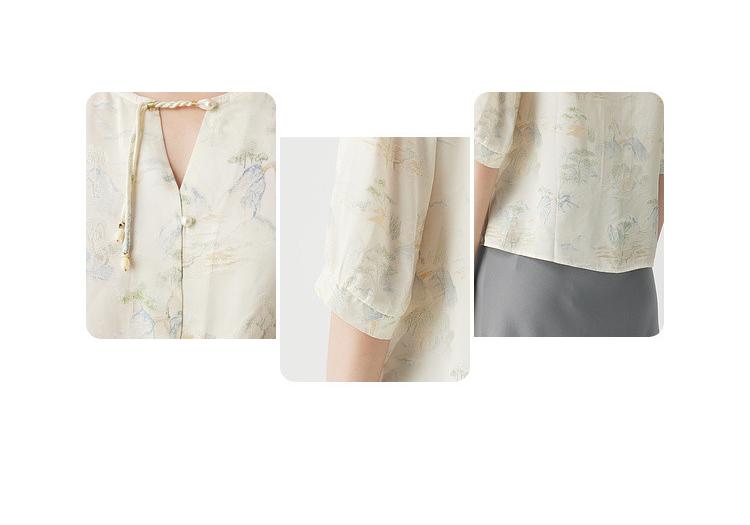 100% Mulberry Silk Round Neck Elegant Artistic Jacquard Silk Top Women's T-shirt