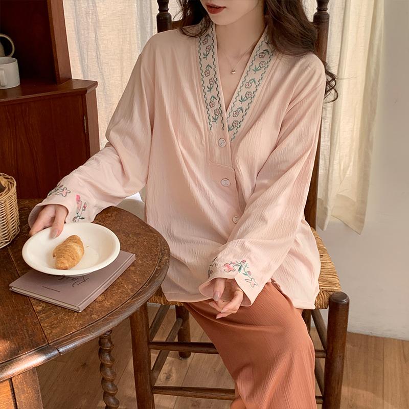 2025 Spring and Autumn Pajamas with Chest Pads Women's Bamboo embroidery Cardigan pyjamas set Simple Temperament Two-piece sleepwear Loungewear Set