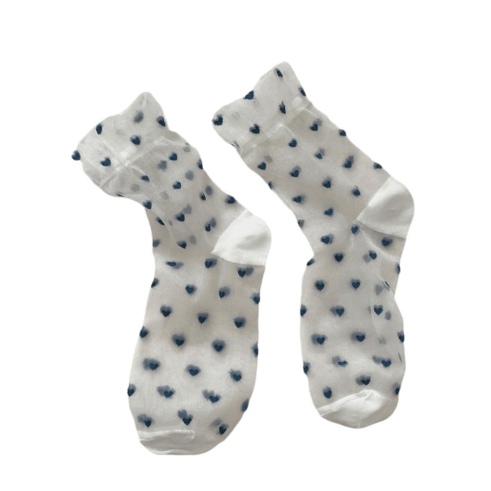 1pair Transparent Heart Print Socks Ultra-thin Mesh Medium Tube Socks Crystal Silk Socks  Women