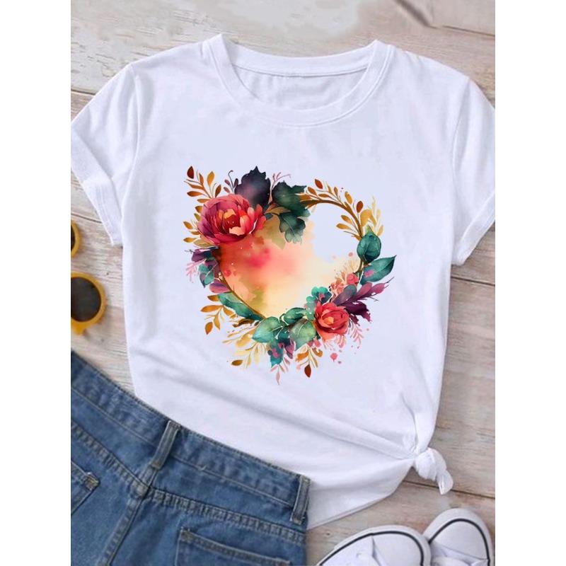 European Size Clothing T Shirt Tee Top Watercolor Trend 90s Flower Women Woman Print Fashion Female Short Sleeve Graphic T-shirts