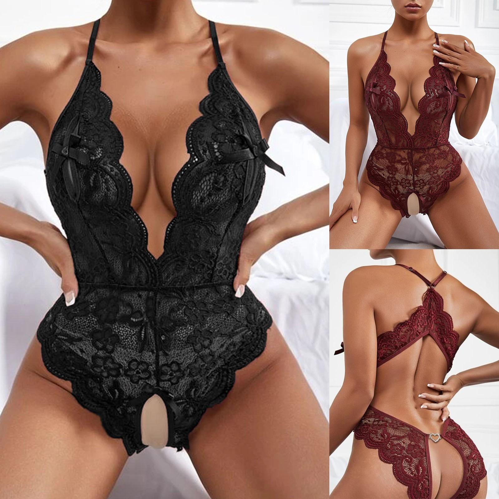 

(Projector)Women s Sexy Lace Siamese Deep V Sexy Slit Erotic Lingerie