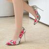 Neue Mode Rose Blume sexy einzelne Schuhe flacher Ausschnitt hohe Absätze Stahlrohr Stiletto 3D Farbdruck