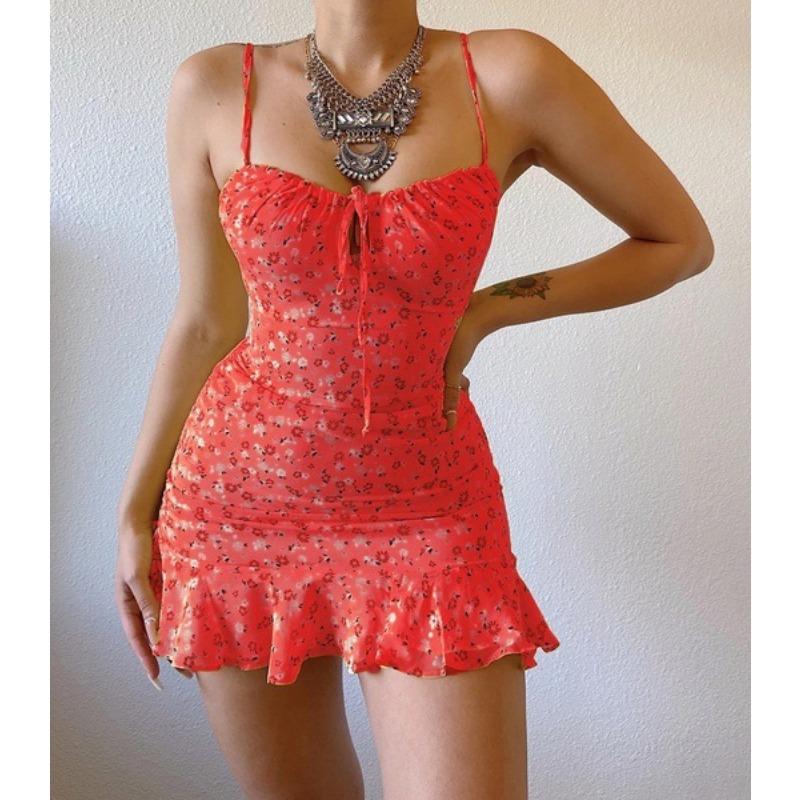 Summer Sleeveless Sexy Floral Prined Suspender Dress Fashion Elegant Slim Fit A-line Party Short Dress Sweet Lace-up Beach Holiday Clothing