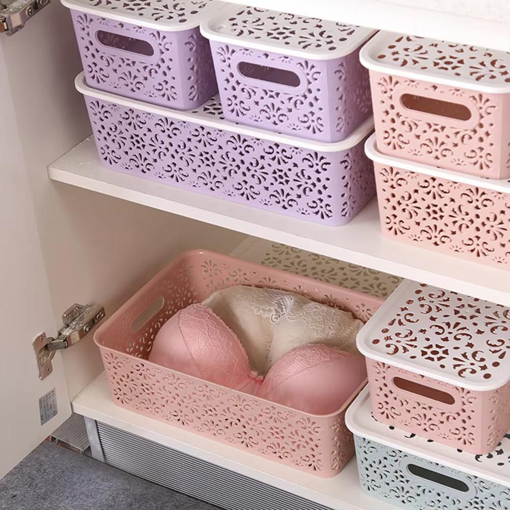 Plastic Storage Box Stackable Storage Container Hollow Out Delicate Storage Basket With Lid For Clothes Toy Home Storage Supply