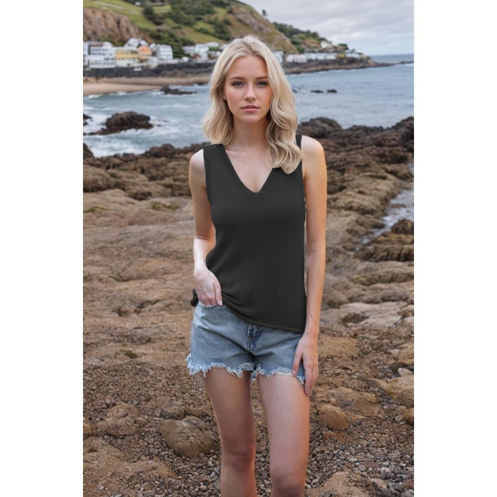 Summer Women's V-Neck Solid Colour Backless Knit Tie Small Tank Top