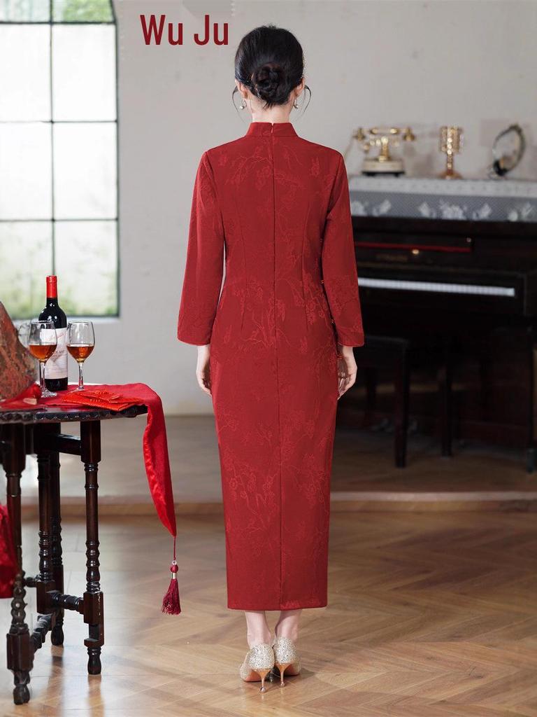 2025 Autumn Wine Red Bridal Cheongsam: Long Sleeve, Long Length Chinese Toasting Evening Gown