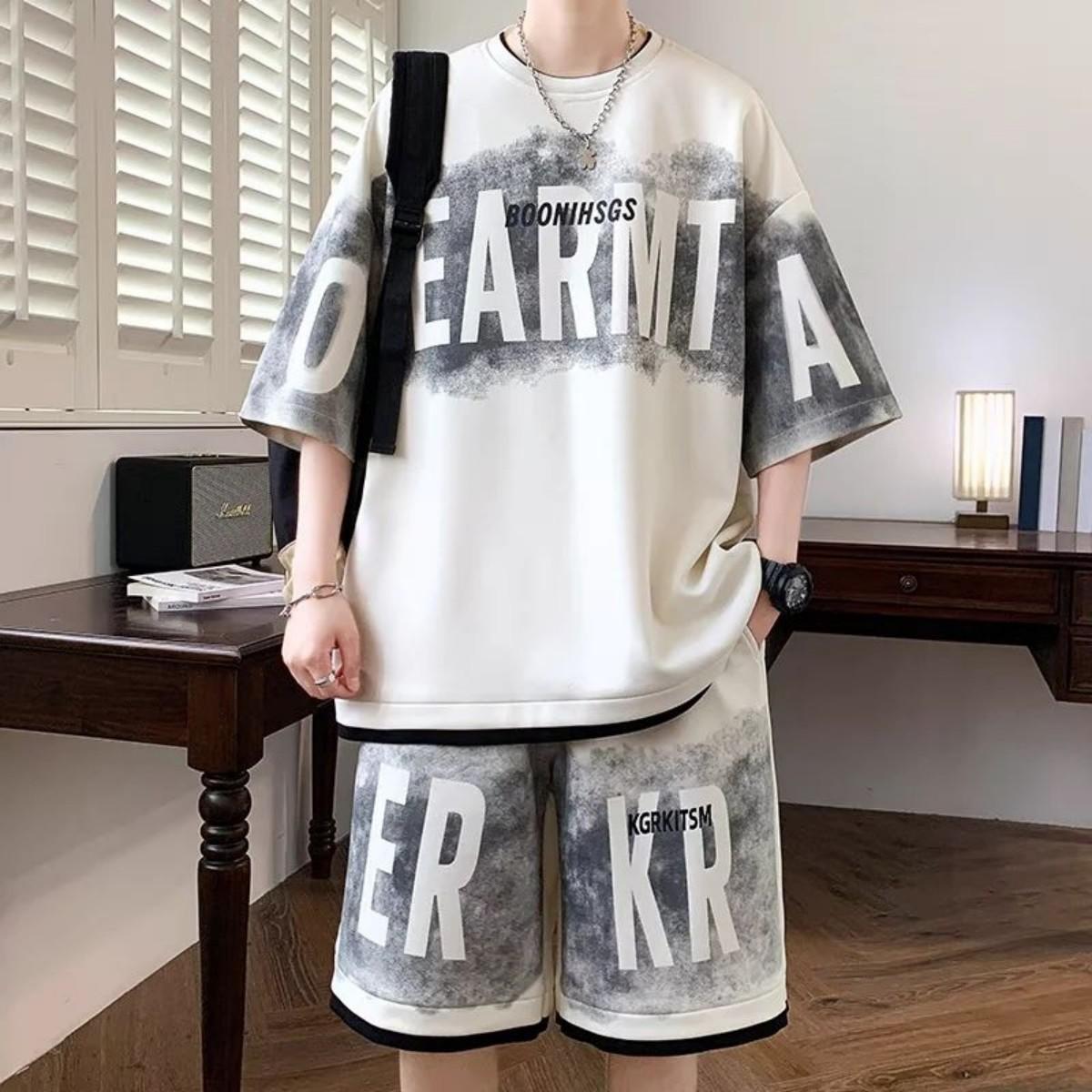 

Мужской модный个性 letter print короткий рукав шорты комплект из двух предметов outdoor sports дышащий T-shirt set S