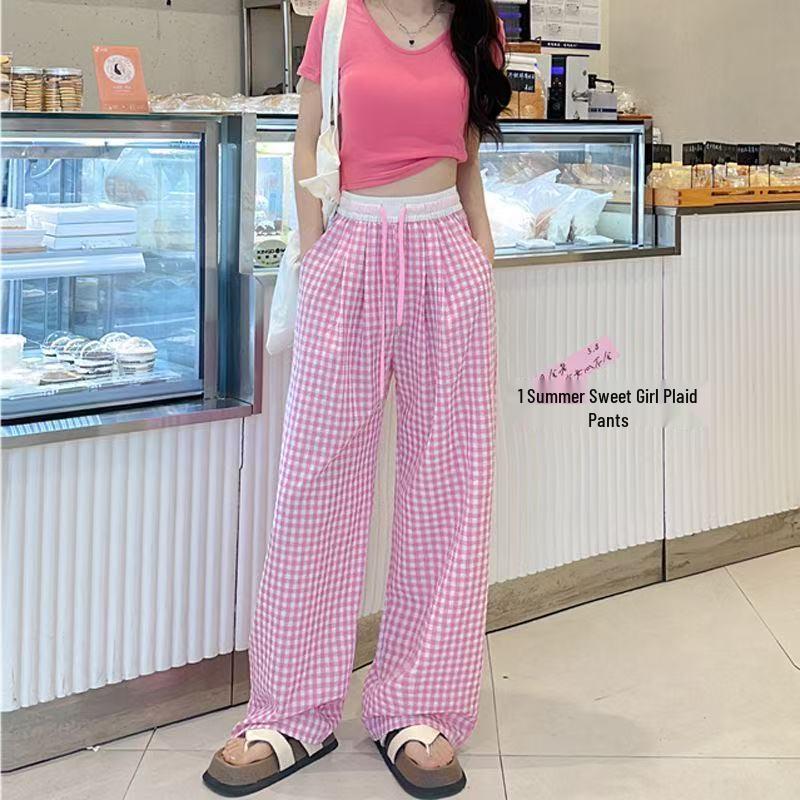 Women's Pink Plaid Wide-Leg Casual Pants