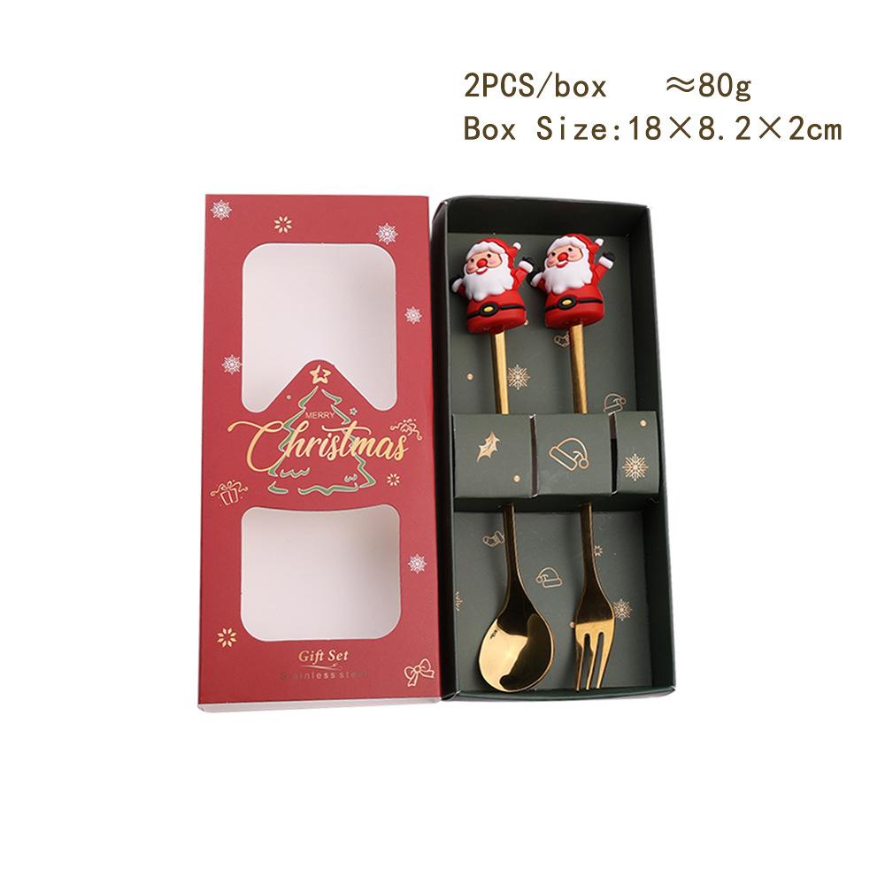 HANYANG juleskjesett julegavebestikk To sett med dessertskjeer og gafler Santa elg dukkeskje