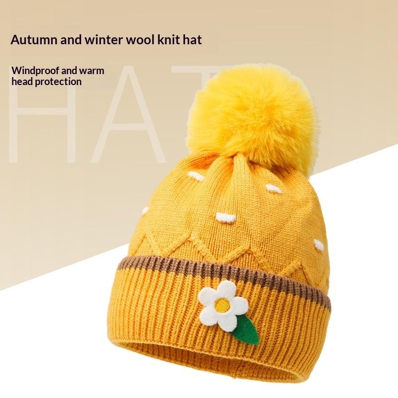 

Cute Knitted Ball Cap For Girls Children S Hat Autumn Winter Warm Floral Patterned Yarn Hat Korean Style Baby Ball Cap A2