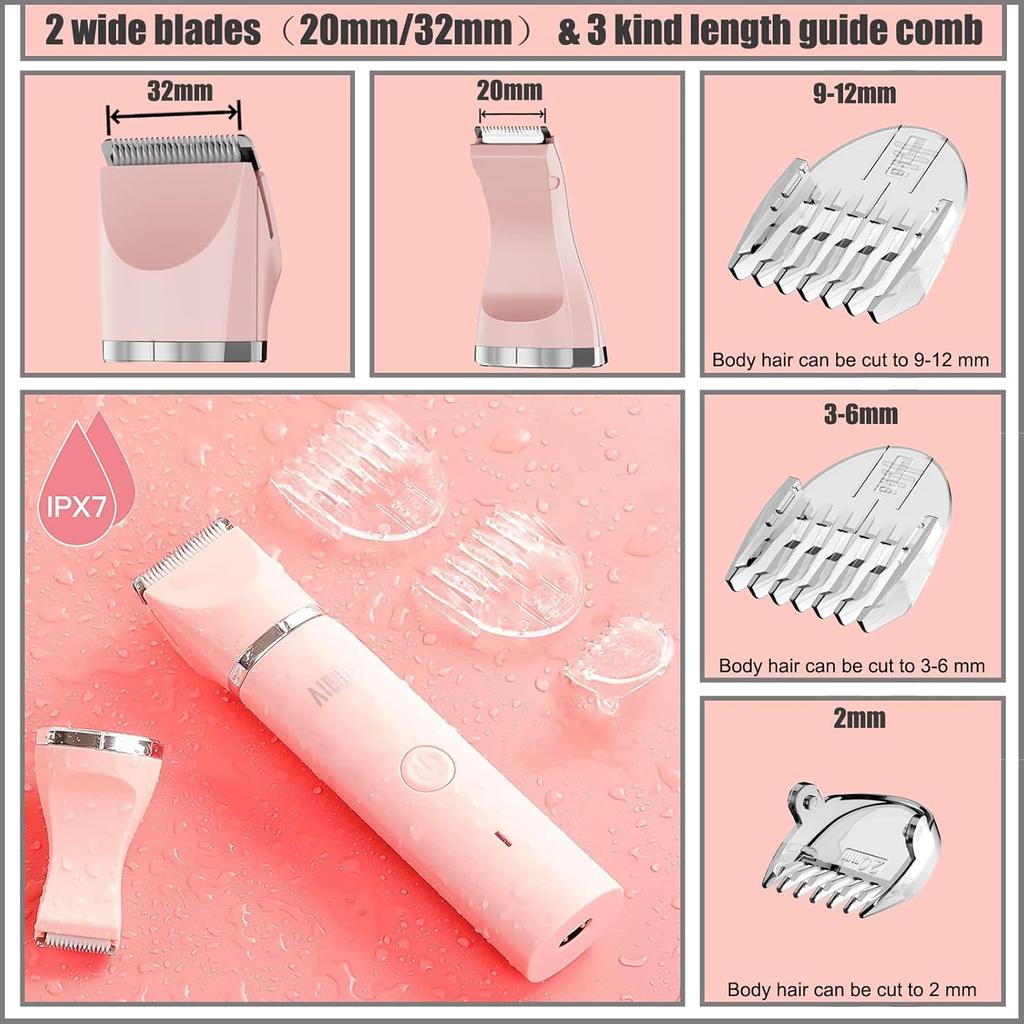 Electric Bikini Trimmer for Women - 2 in 1 Electric Lady Pubic Hair Groomer Painless Hair Removal Razor Body Shaver, Portable Ladies Shaver with 2