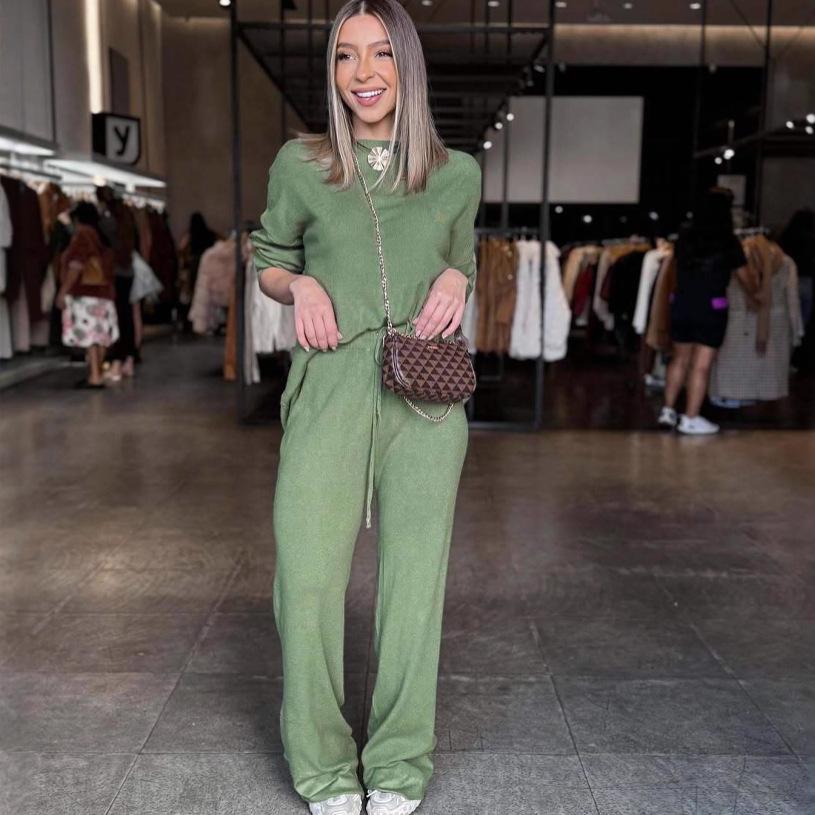 

2025 Summer Fashion: European & American Loose Long-Sleeve Round Neck Solid Color Two-Piece Set S