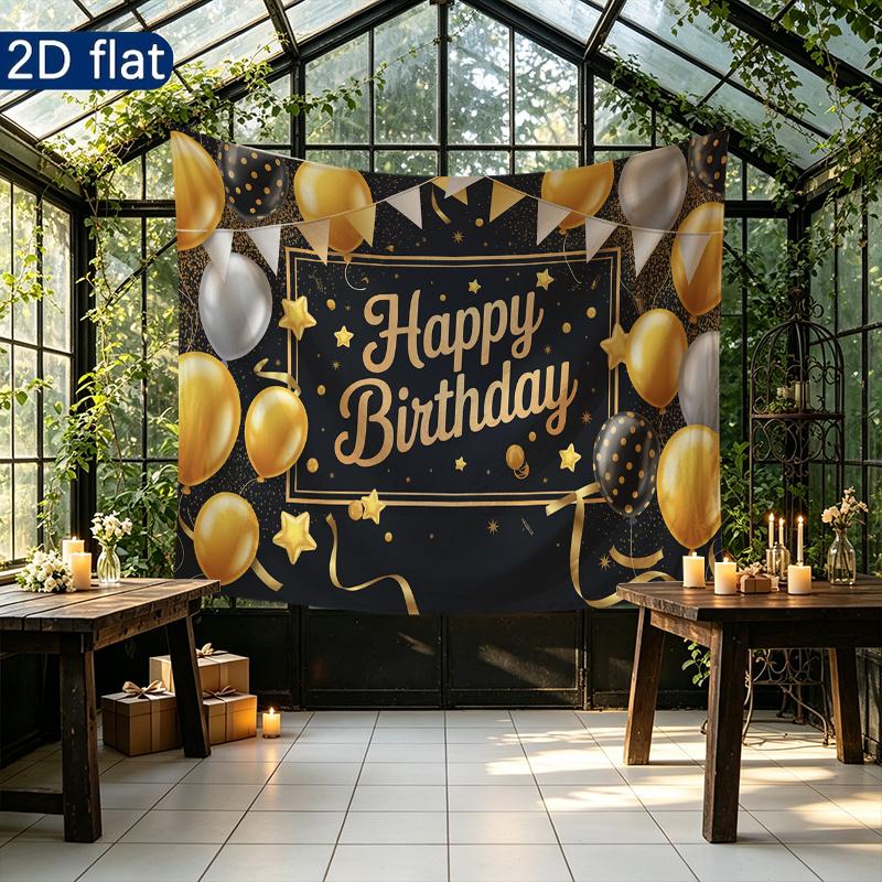 Birthday Party Flowers Butterflies Balloons Banner, Pastel Polyester Backdrop for Wall Hanging Decor