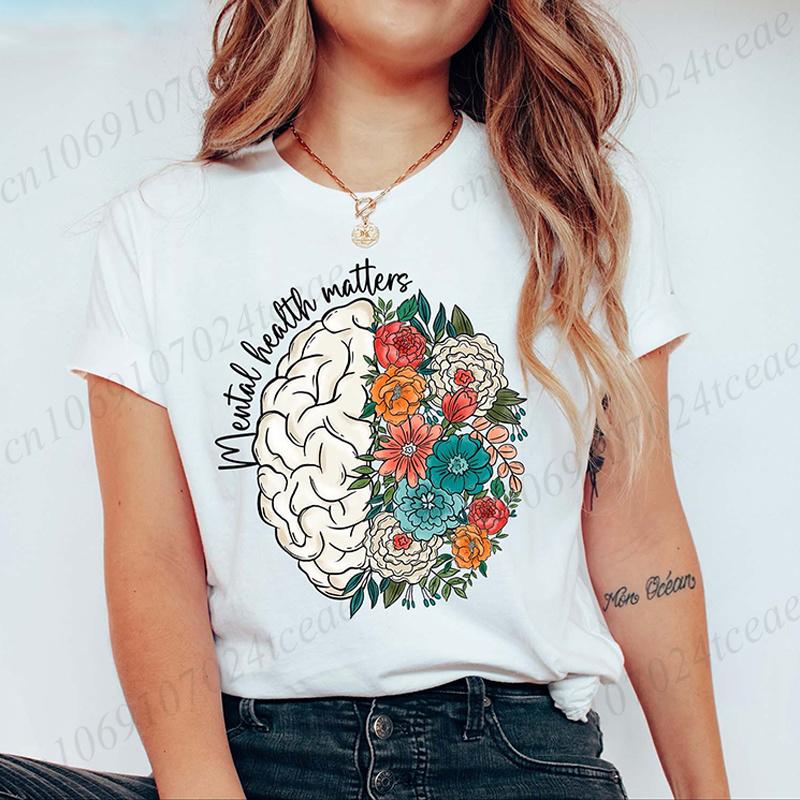 Mental Health Shirt,School Psychologist T-Shirts,Inspirational Tees,Mental Health Awareness Tops,Cute Brain Women s T-Shirts S