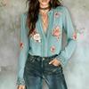 Bluză de șifon cu gât în V și mâneci lungi, cu bordură din dantelă și broderie florală