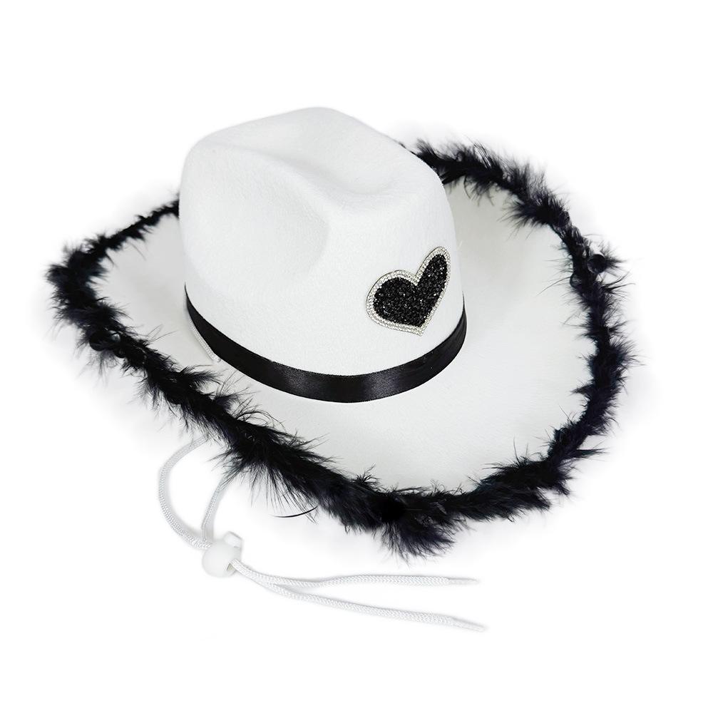 Rhinestone Love Heart Women Glitter Cowboy Hat Fur-edged Cowgirl Hats Women Funny Performance Costume Cosplay Hat for Wedding