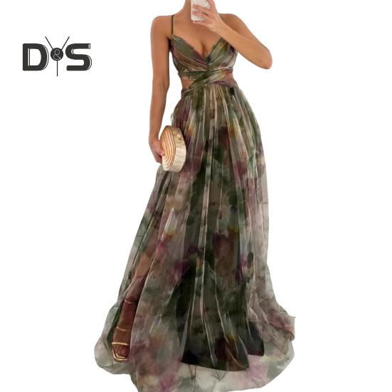 Damen Spaghettiträger Maxikleid Blumen Boho Tiefer V-Ausschnitt Aushöhlen Mesh Plisseekleid Sommer Strand Party Swing Langes Kleid
