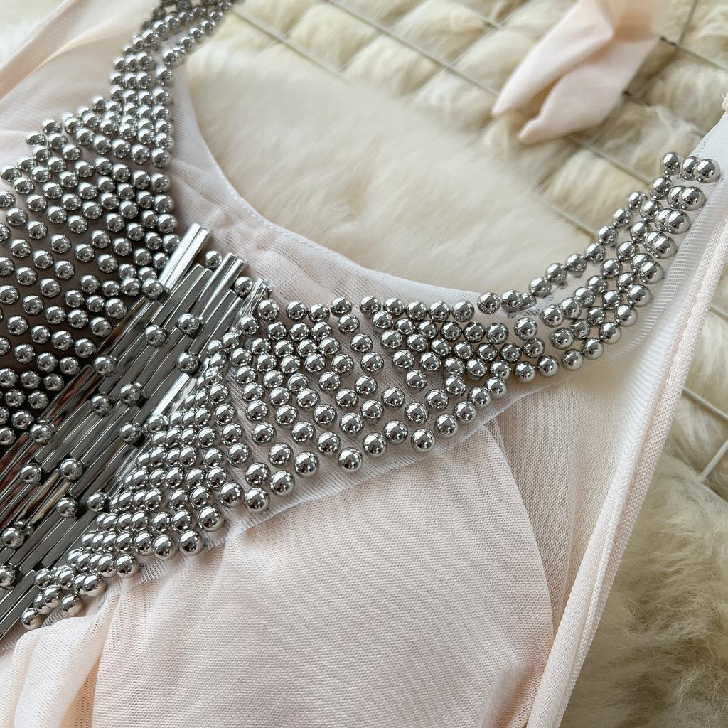 Summer Women Sexy Halter Open Back Luxury Beading Metal Fold Lace Evening Party Slim Long Maxi Dresses