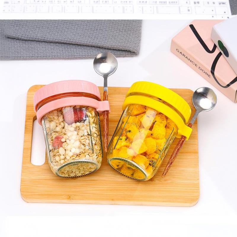 1Pcs 350Ml Reusable Glass Overnight Oats Jar With Spoon Oatmeal Container Food Storage Organizer For Breakfast