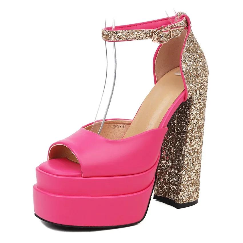 Elegante Hochzeitsfeier Club Damen Plateau Sandalen Hohe Dicke Absätze Rosa Rosig Bling Mikrofaser Patchwork Sommer Knöchelriemchen Schuhe