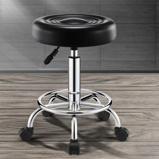 Beauty Stool, 360-degree Rotation Wheel Bar Stool, Height Adjustable Salon Chair, Faux Leather Cushioned Office Shop Stool, with Metal Frame (Black)