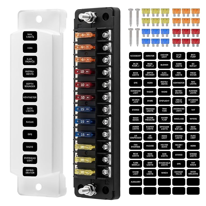 12 Way Marine Fuse Block, 12V Fuse Box with Led Indicator Waterproof Cover, Standard Circuit Marine Fuse Panel with Negative Bus for 12V/24V