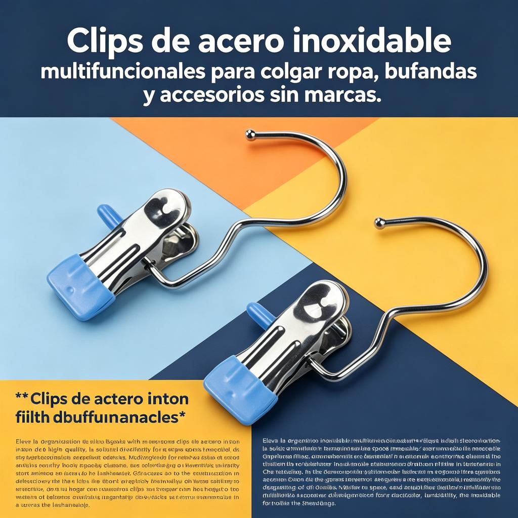 Clips de acero inoxidable multifuncionales para colgar ropa, bufandas y accesorios sin marcas.