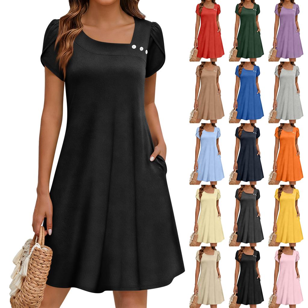 Women Petal Sleeve Casual Dress with Square Neck and Side Pockets Short Sleeve Relaxed Fit Summer Dress for Daily Wear