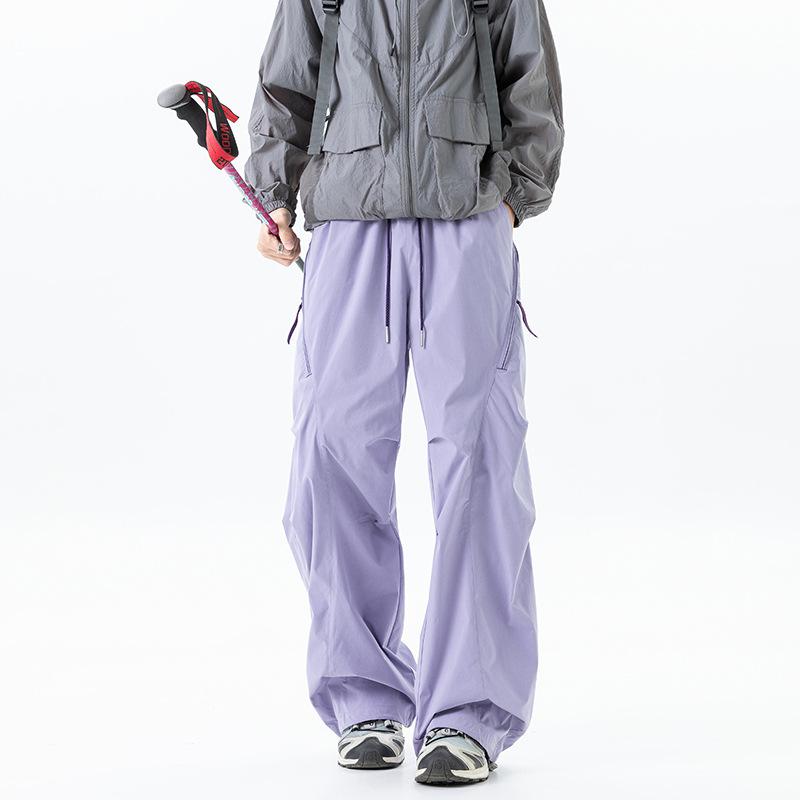Unisex Drawstring Wide Leg Cargo Pants Solid Color Casual Loose Fit Trousers