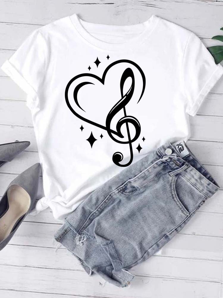 T-shirt Mode Femme Imprimé Notes de Musique T-shirt Décontracté Hauts Noirs Années 90 Dames Filles T-shirt FeUnisex Harajuku T-shirt Graphique