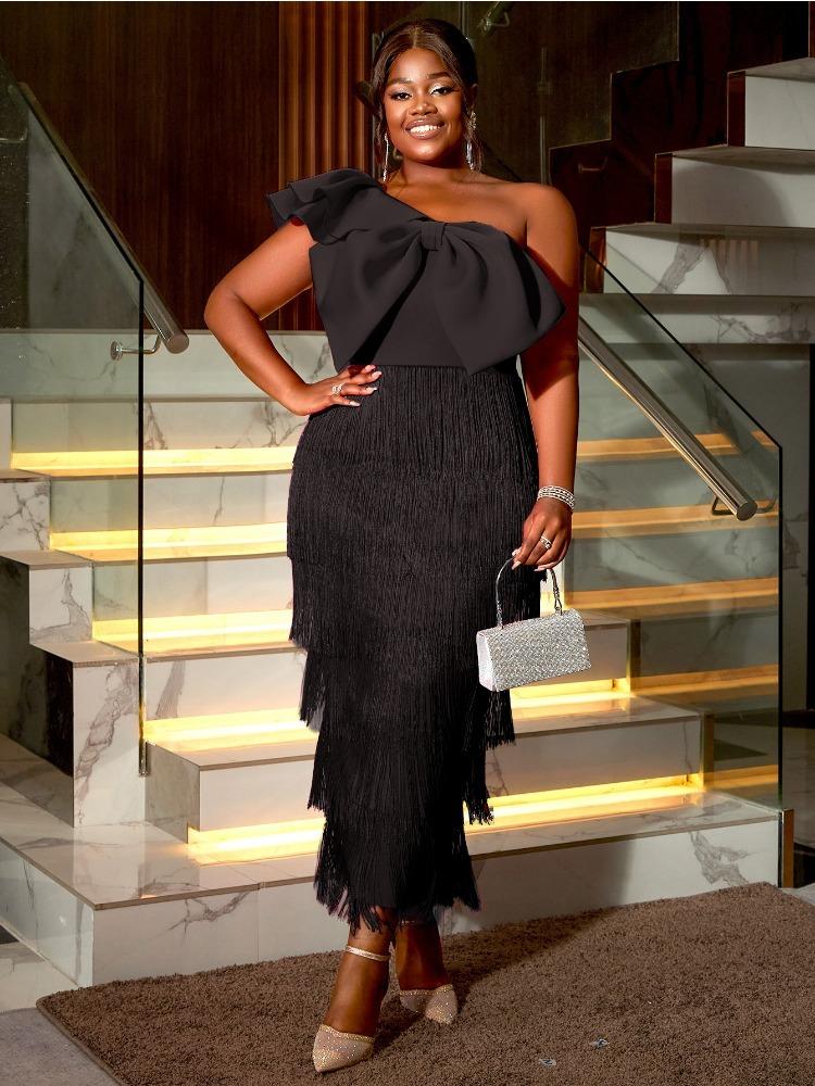 

Одноплечі сукні з китицями для жінок Сексуальні з великим бантом Волани Для весільного гостя Нагоди Вечірка Святкування Африканський танець Побачення Сукні Нові L чорний