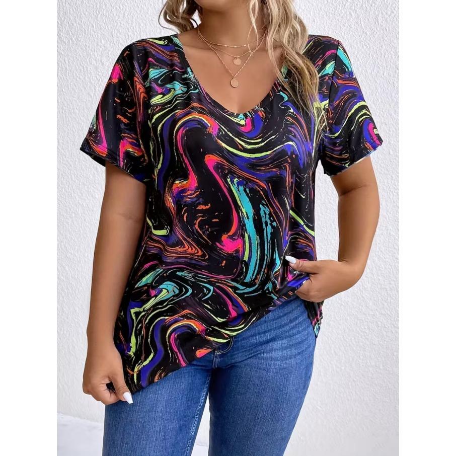 XL-7XL Damski T-shirt Plus Size z Gradientem, Casualowy, z Nadrukiem 3D, Luźny, z Dekoltem w Serek, z Krótkim Rękawem