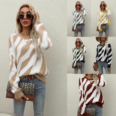 Striped Personality Fashion Knit Pullover Sweater Large Size Women's Crew Neck Knit Sweater