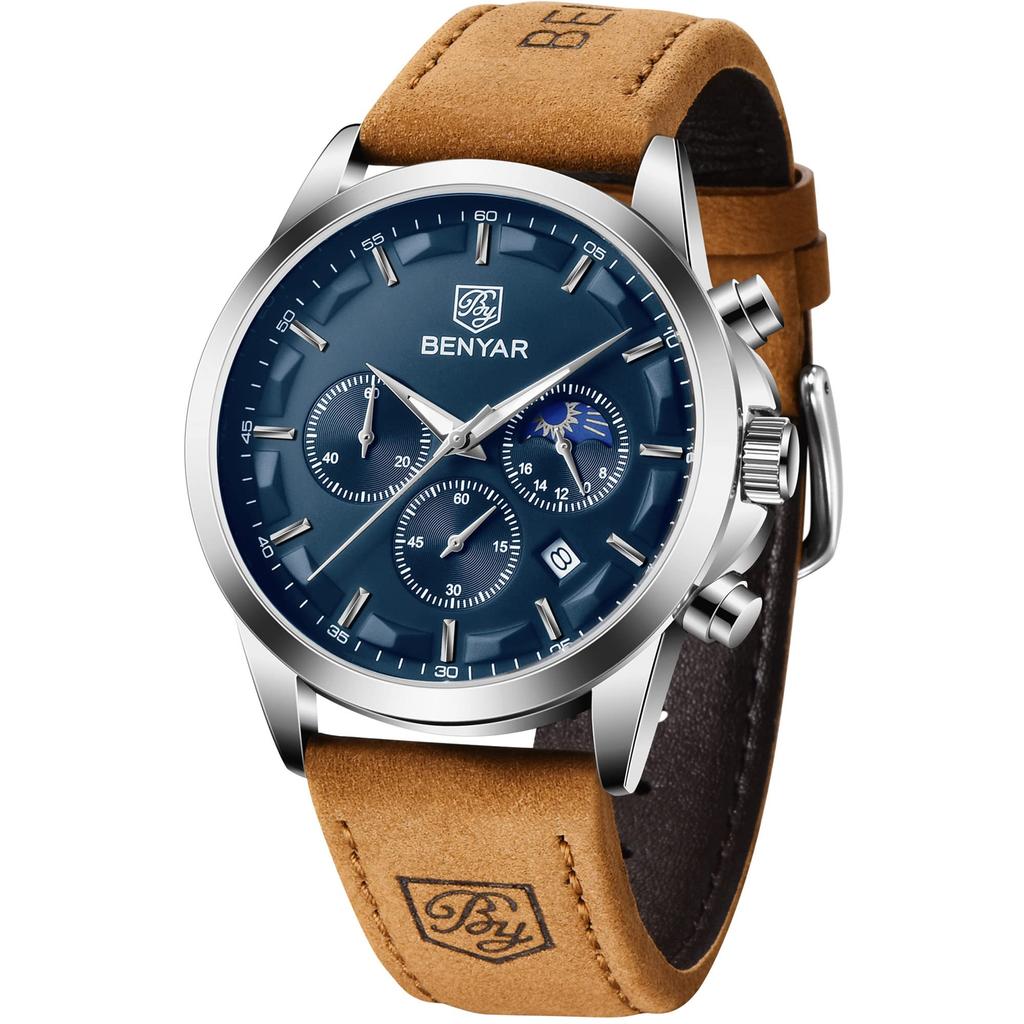 BENYAR Chronograph Watch with Leather and for Business and Formal Wear Men's Multi-Calendar Strap, Water-Resistant Scratch-Resistant Brown-Blue Dial,
