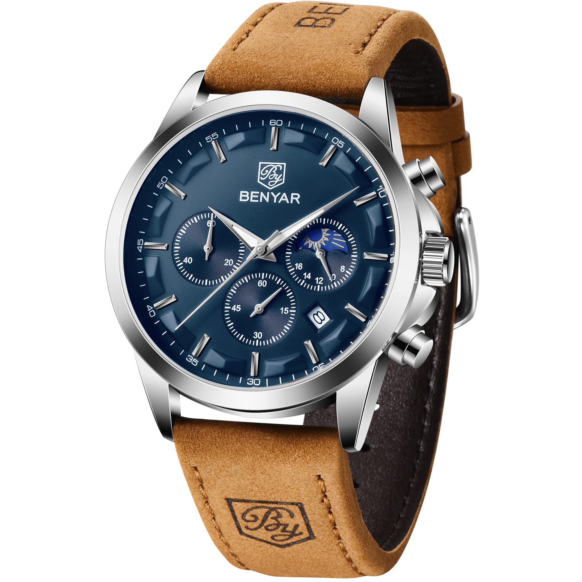 BENYAR Men s Leather Band Analog Wristwatch Multi-Calendar Chronograph Business Formal Waterproof Scratch-Resistant Brown Blue