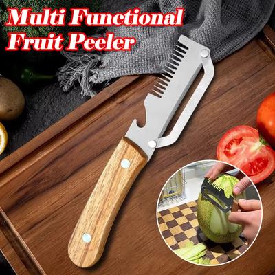 Pelador de Verduras 3 en 1 de Acero Inoxidable con Mango de Madera de Alta Calidad Pelador Multifuncional de Patatas con Abrebotellas