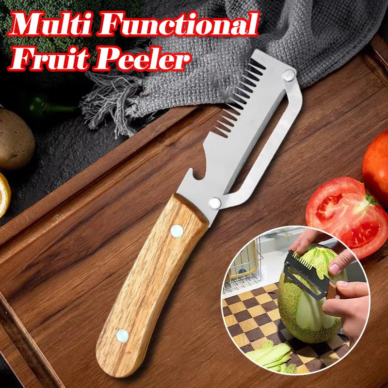 3-in-1 Serrated Peeling Knife Premium Vegetable Peeler With Wooden Handle And Bottle Opener Kitchen Tool Smooth Operation