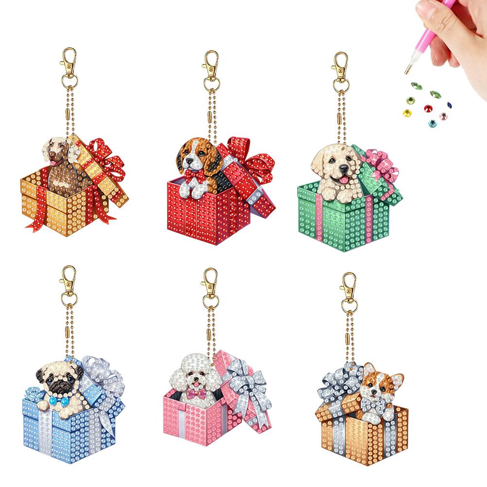 6PCS 2D Flat DIY Diamond Painting Keychain Double Sided Drill Small Crystal Painting Keyrings Diamond Art Kits Gift for Friends