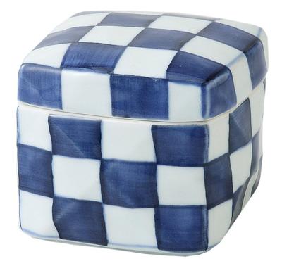 Nishikai Pottery Hasami Ware Square Ceramic Box (Medium) Blue and White Checkered Pattern 63038