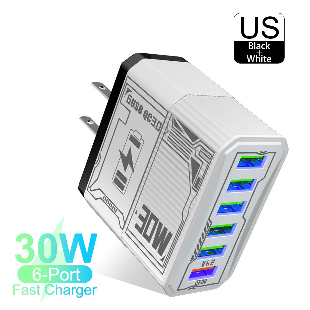 30W 6-Port USB QC3.0 Fast Charger Adapter - EU, US, UK, AU Plug