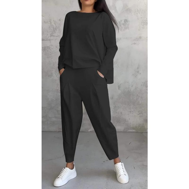 

European Style Women Clothing Solid Color Round Neck Long Sleeve Set Pants 3XL чёрный