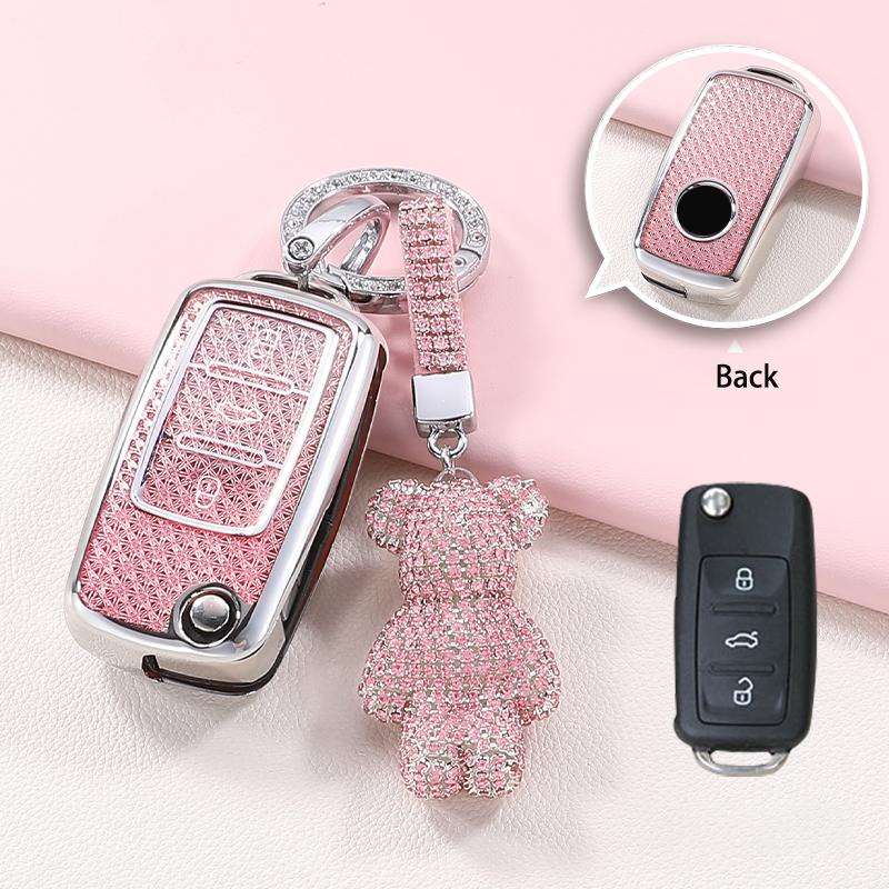 Pink TPU 3 Button Car Remote Flip Key Case Holder for Volkswagen Golf MK6 Polo Beetle Tiguan Touran Passat Caddy Jetta Eos Skoda