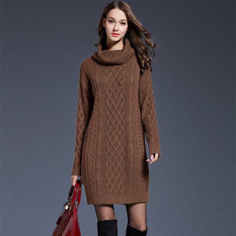 Women's Autumn and Winter Solid Color Slim Knit Dress Spring High Neck Medium Long Elegant Sweater
