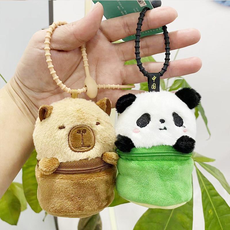 Adorable Panda And Capybara Earphone Case Keychain Plush With Coin Purse And Toy